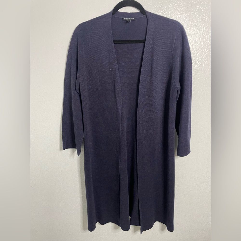 Eileen Fisher Purple Long Open Front Cardigan Sweater Size Medium minimalistic